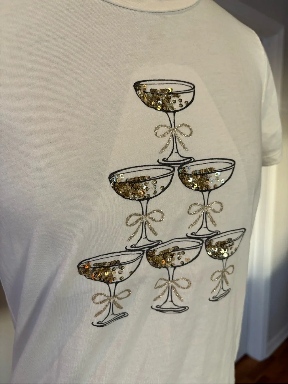 J. Crew Collector Tee White Graphic Champagne Glass Tee gold sequins, XS